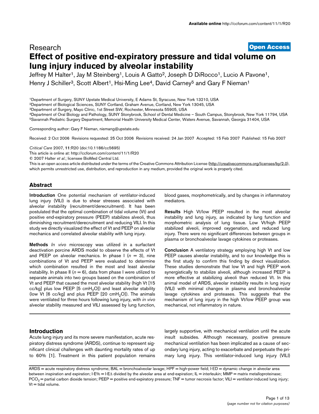 Effect of Positive End-Expiratory Pressure and Tidal Volume on Lung