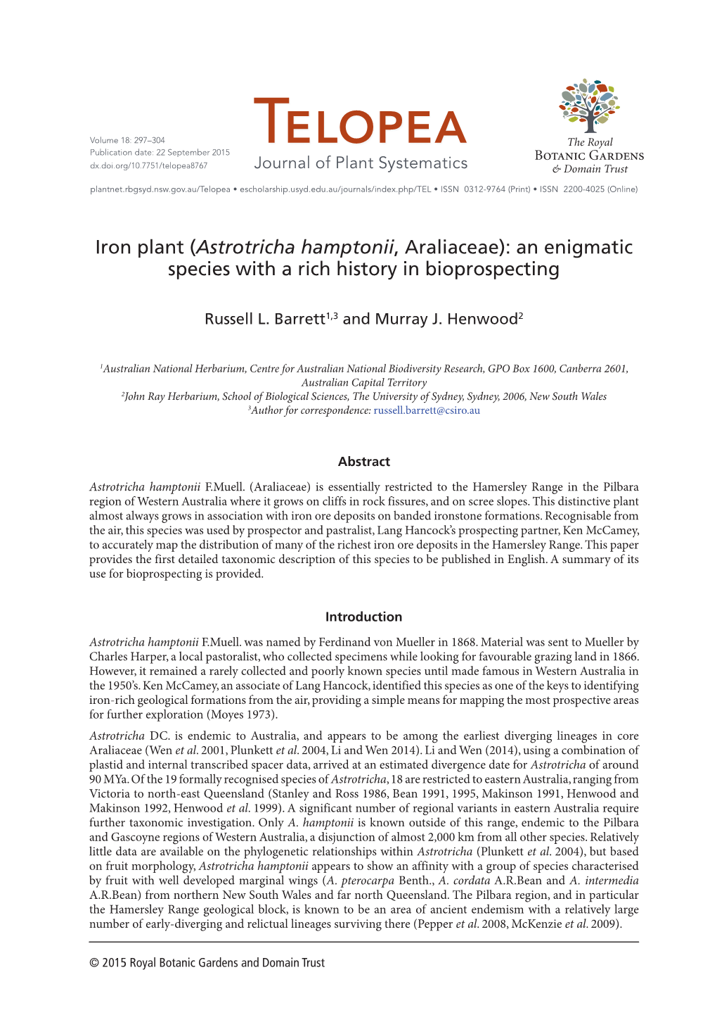 Astrotricha Hamptonii, Araliaceae): an Enigmatic Species with a Rich History in Bioprospecting