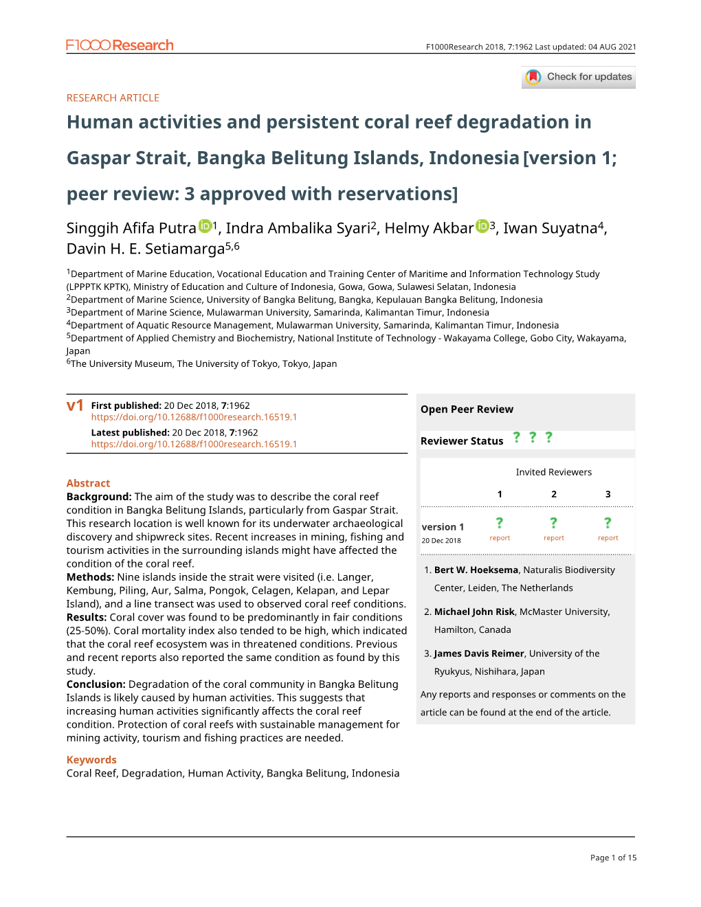 Human Activities and Persistent Coral Reef Degradation in Gaspar Strait