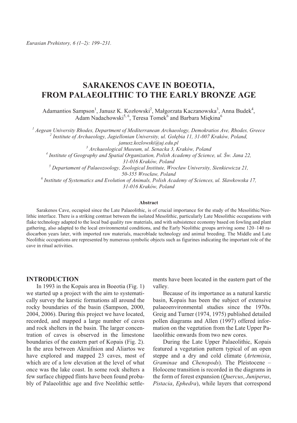 Sarakenos Cave in Boeotia, from Palaeo Lithic to The