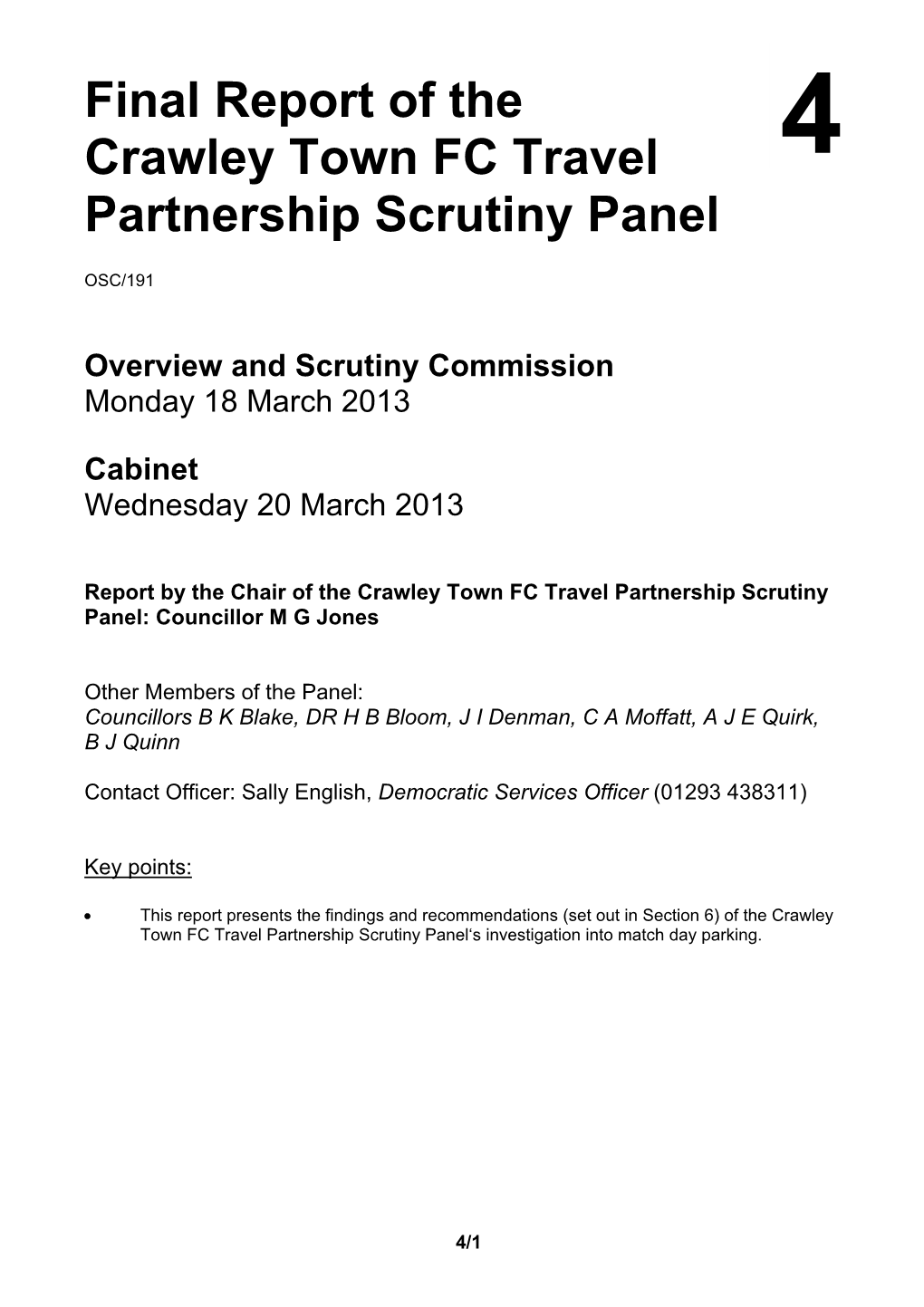 Final Report of the Crawley Town FC Travel Partnership Scrutiny Panel