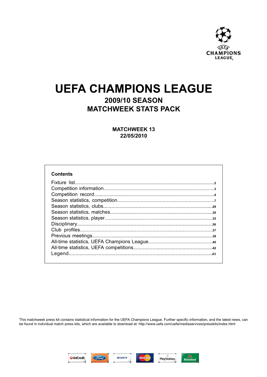 Uefa Champions League 2009/10 Season Matchweek Stats Pack