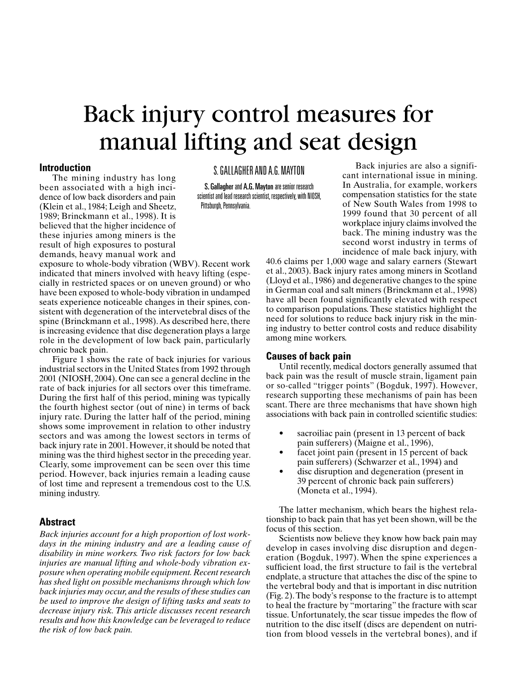 Back Injury Control Measures for Manual Lifting and Seat Design Introduction S