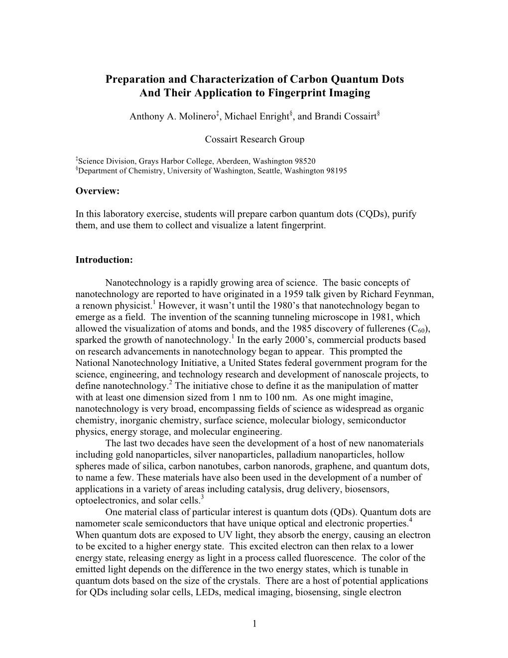 Preparation and Characterization of Carbon Quantum Dots and Their Application to Fingerprint Imaging