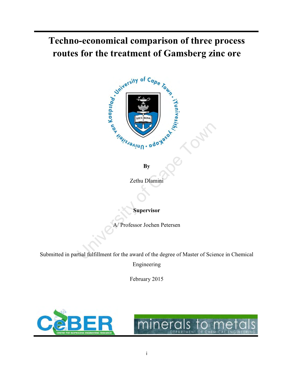 Techno-Economical Comparison of Three Process Routes for the Treatment of Gamsberg Zinc Ore