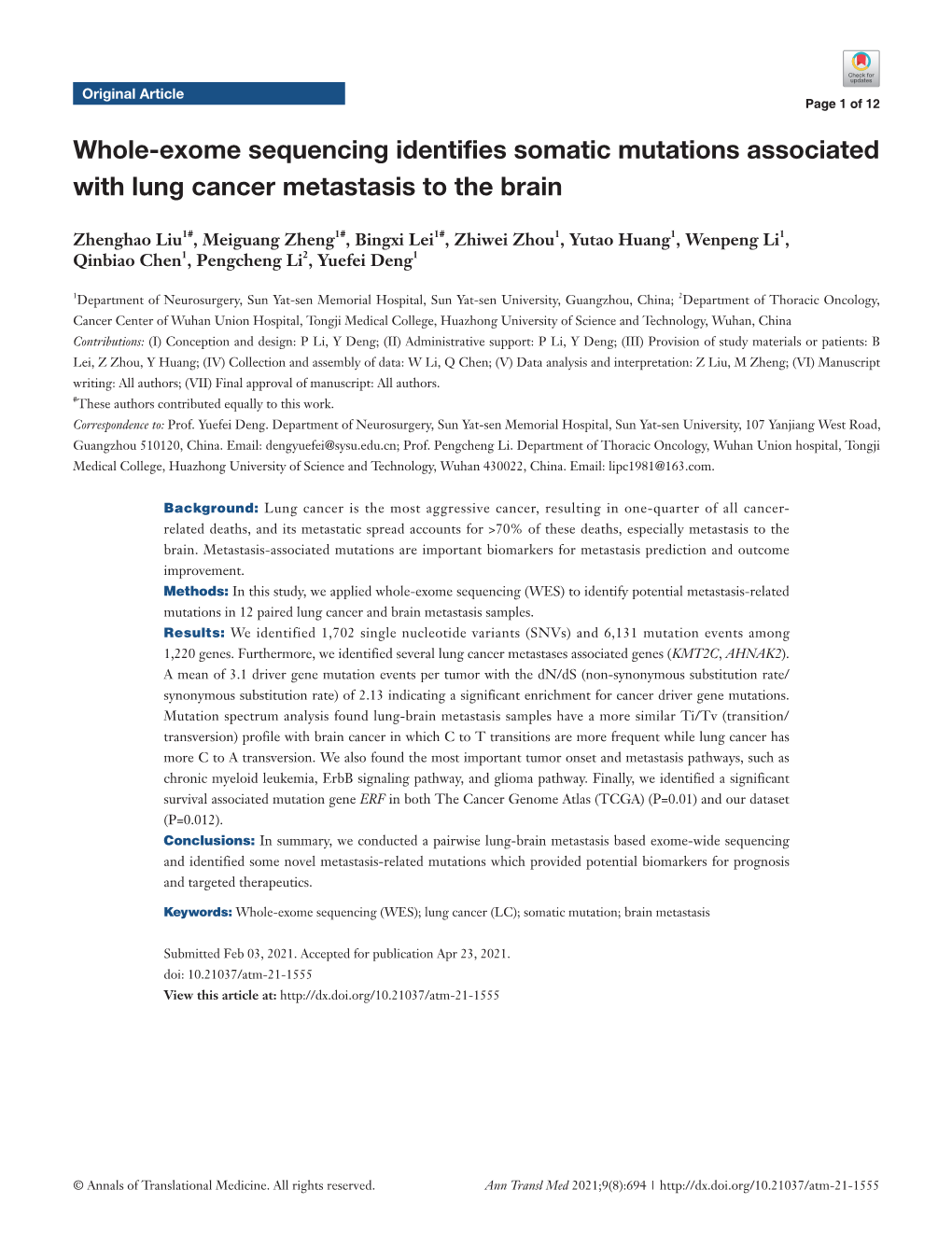 Whole-Exome Sequencing Identifies Somatic Mutations Associated with Lung Cancer Metastasis to the Brain