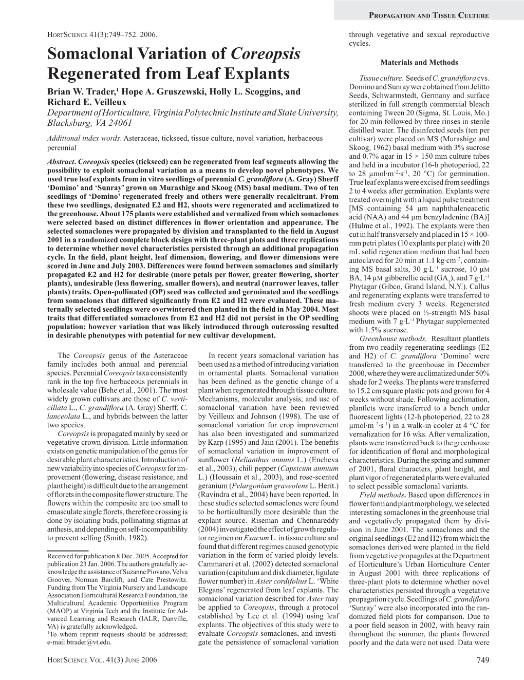 Somaclonal Variation of Coreopsis Regenerated from Leaf Explants