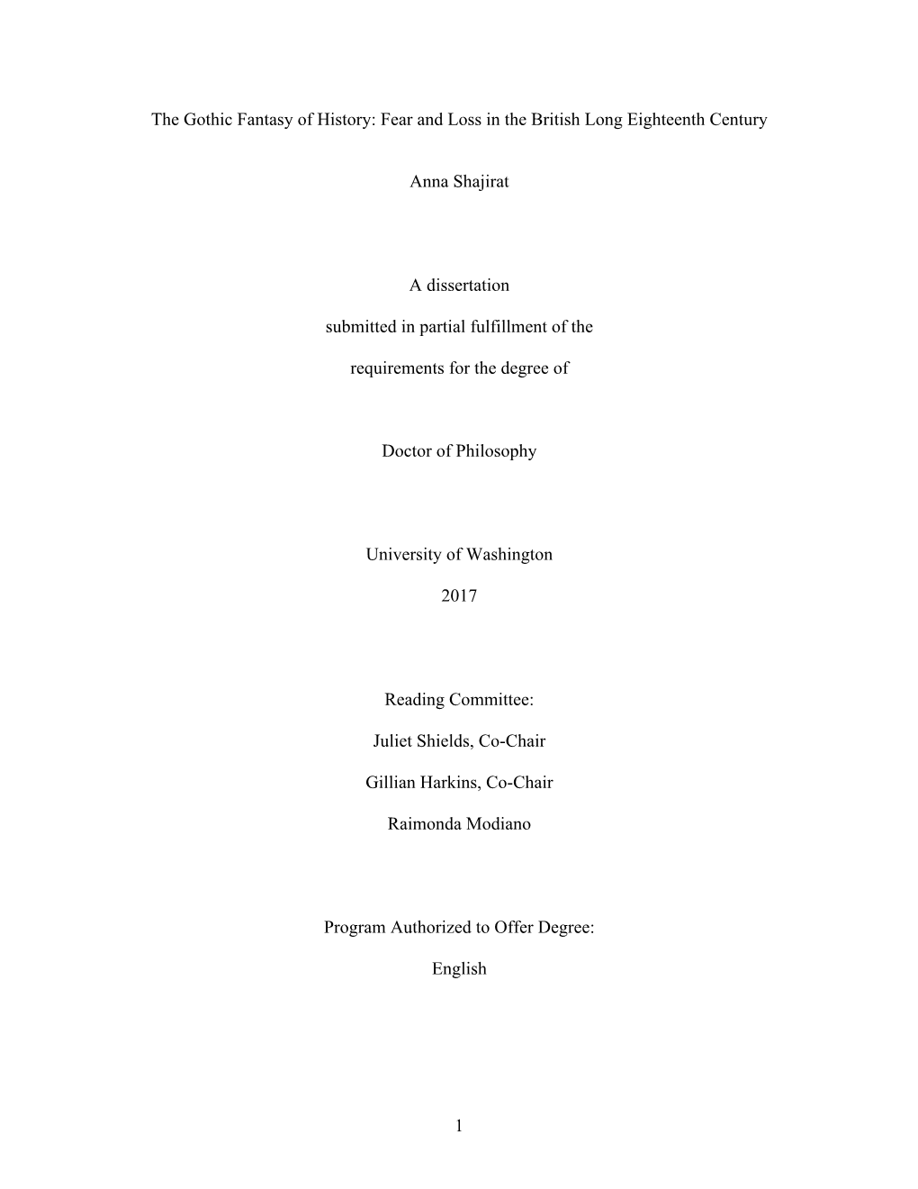 The Gothic Fantasy of History: Fear and Loss in the British Long Eighteenth Century