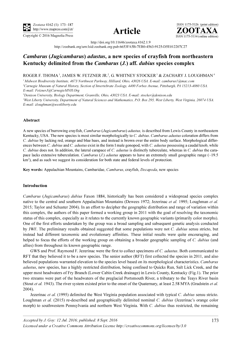 Cambarus (Jugicambarus) Adustus, a New Species of Crayfish from Northeastern Kentucky Delimited from the Cambarus (J.) Aff