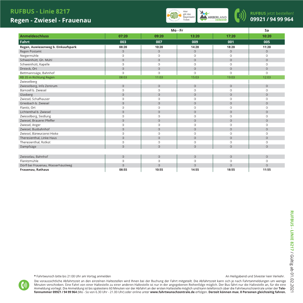 RUFBUS - Linie 8217 Gilt Das RUFBUS Jetzt Bestellen! Bayerwald- Regen - Zwiesel - Frauenau Ticket 09921 / 94 99 964
