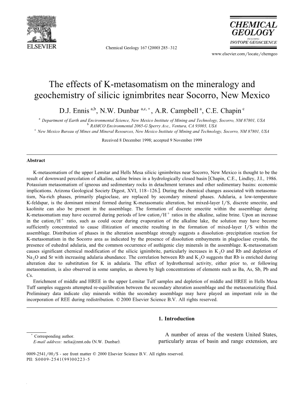 The Effects of K-Metasomatism on the Mineralogy and Geochemistry of Silicic Ignimbrites Near Socorro, New Mexico