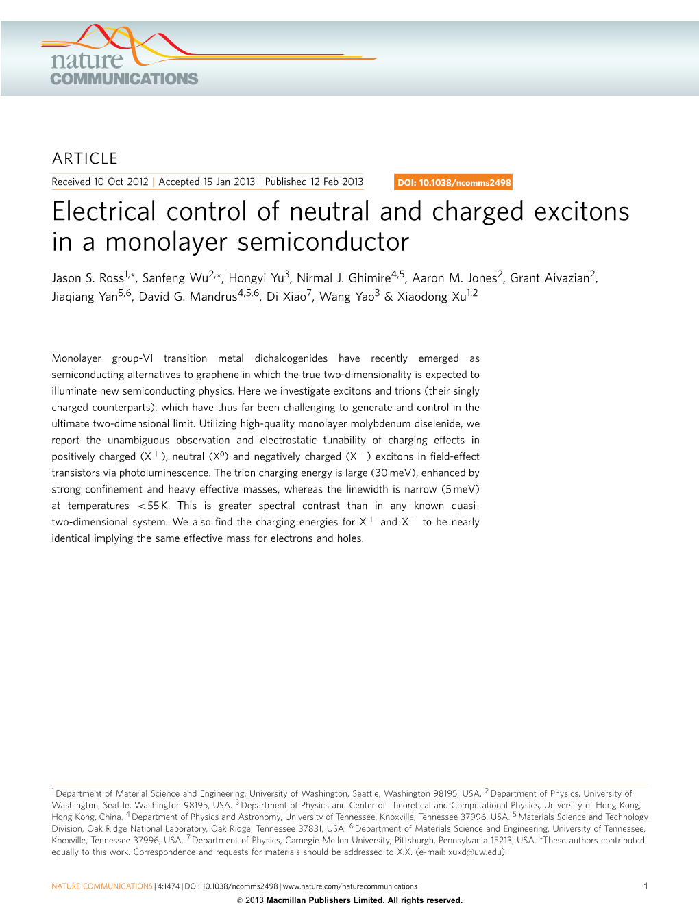 Electrical Control of Neutral and Charged Excitons in a Monolayer Semiconductor