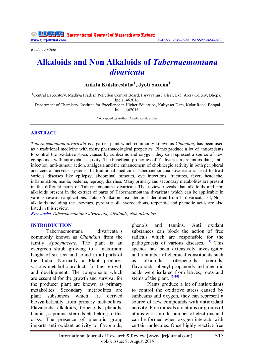 Alkaloids and Non Alkaloids of Tabernaemontana Divaricata