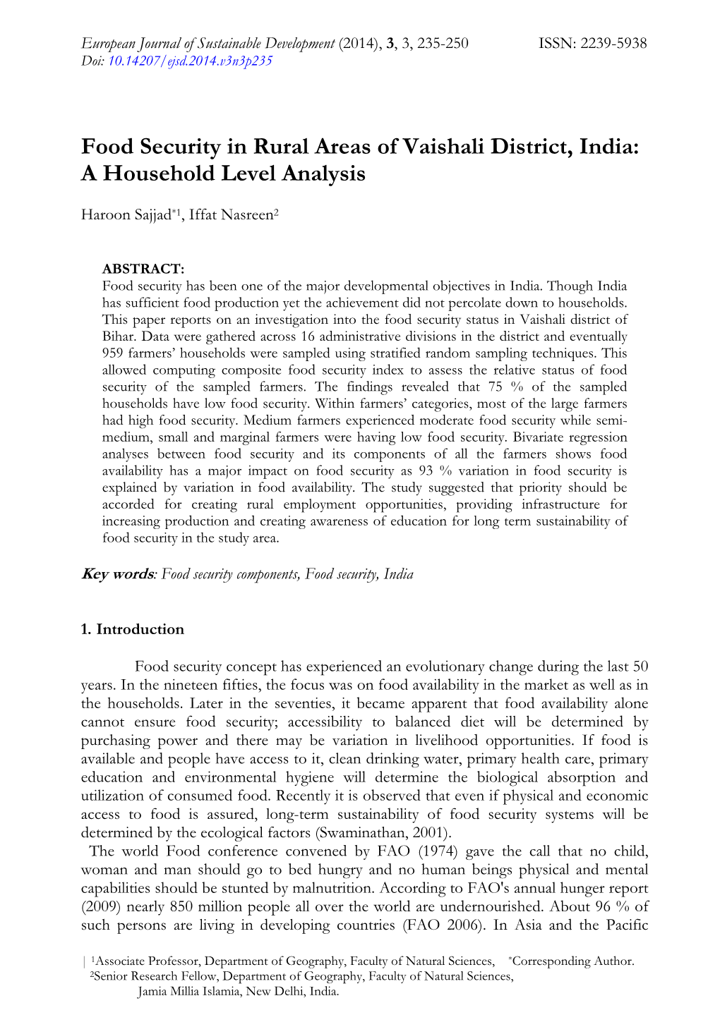 Food Security in Rural Areas of Vaishali District, India: a Household Level Analysis