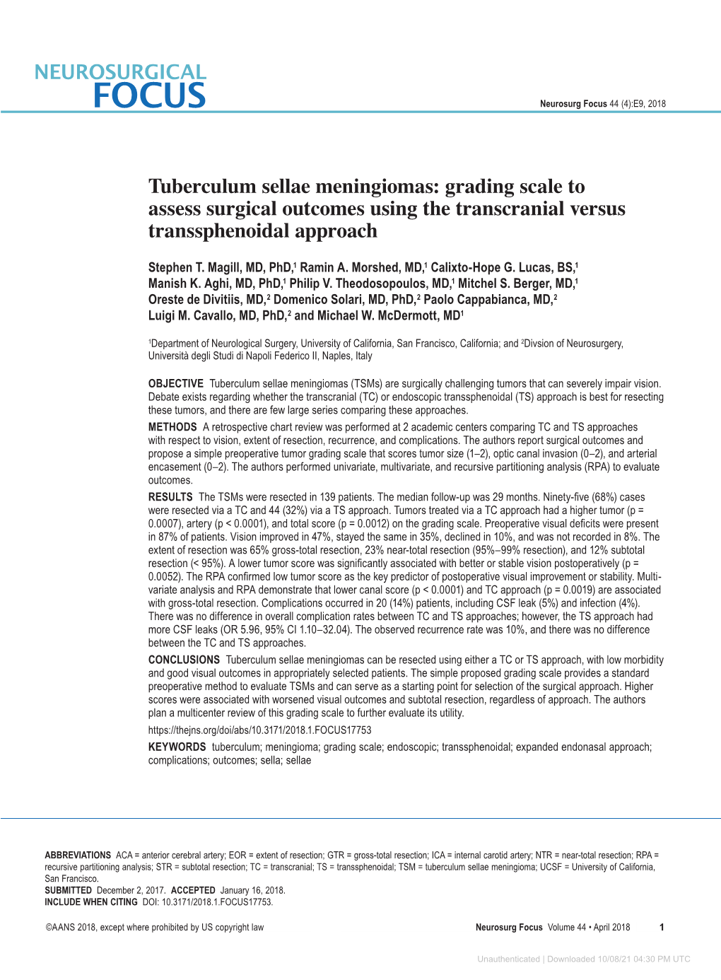 Tuberculum Sellae Meningiomas: Grading Scale to Assess Surgical Outcomes Using the Transcranial Versus Transsphenoidal Approach