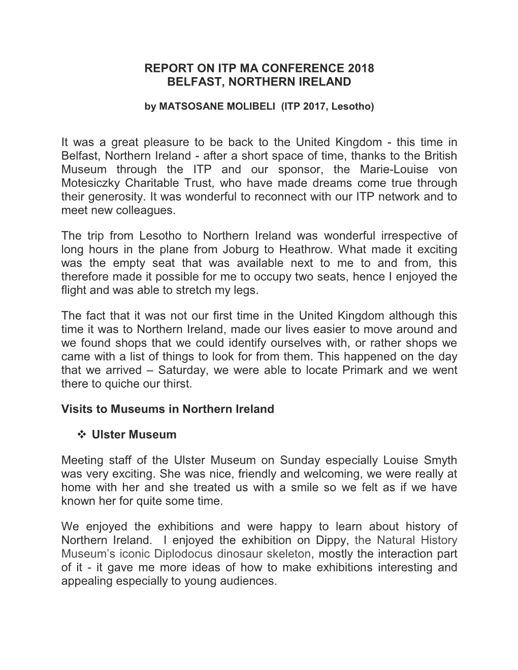 Matsosane Molibeli – MA Belfast Report
