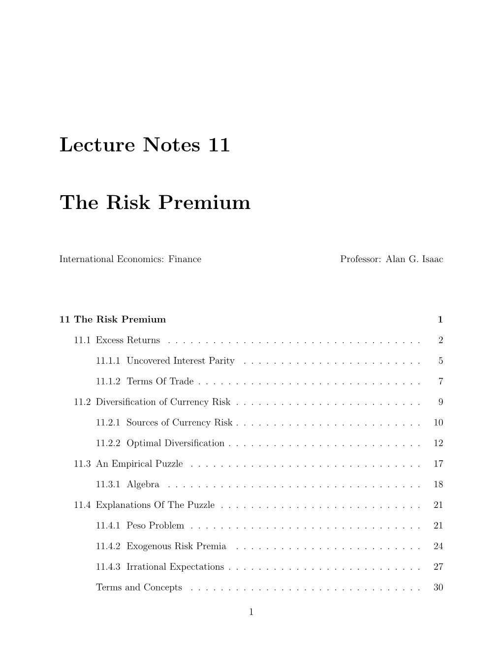 Lecture Notes 11 the Risk Premium