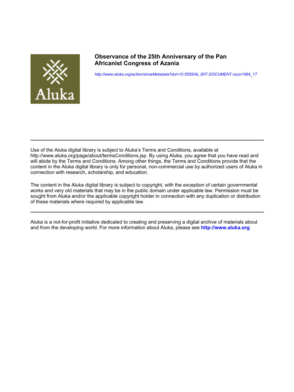 Observance of the 25Th Anniversary of the Pan Africanist Congress of Azania