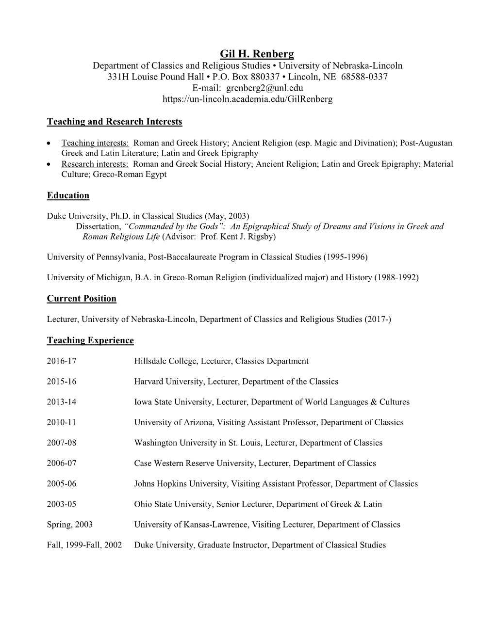 Gil H. Renberg Department of Classics and Religious Studies • University of Nebraska-Lincoln 331H Louise Pound Hall • P.O