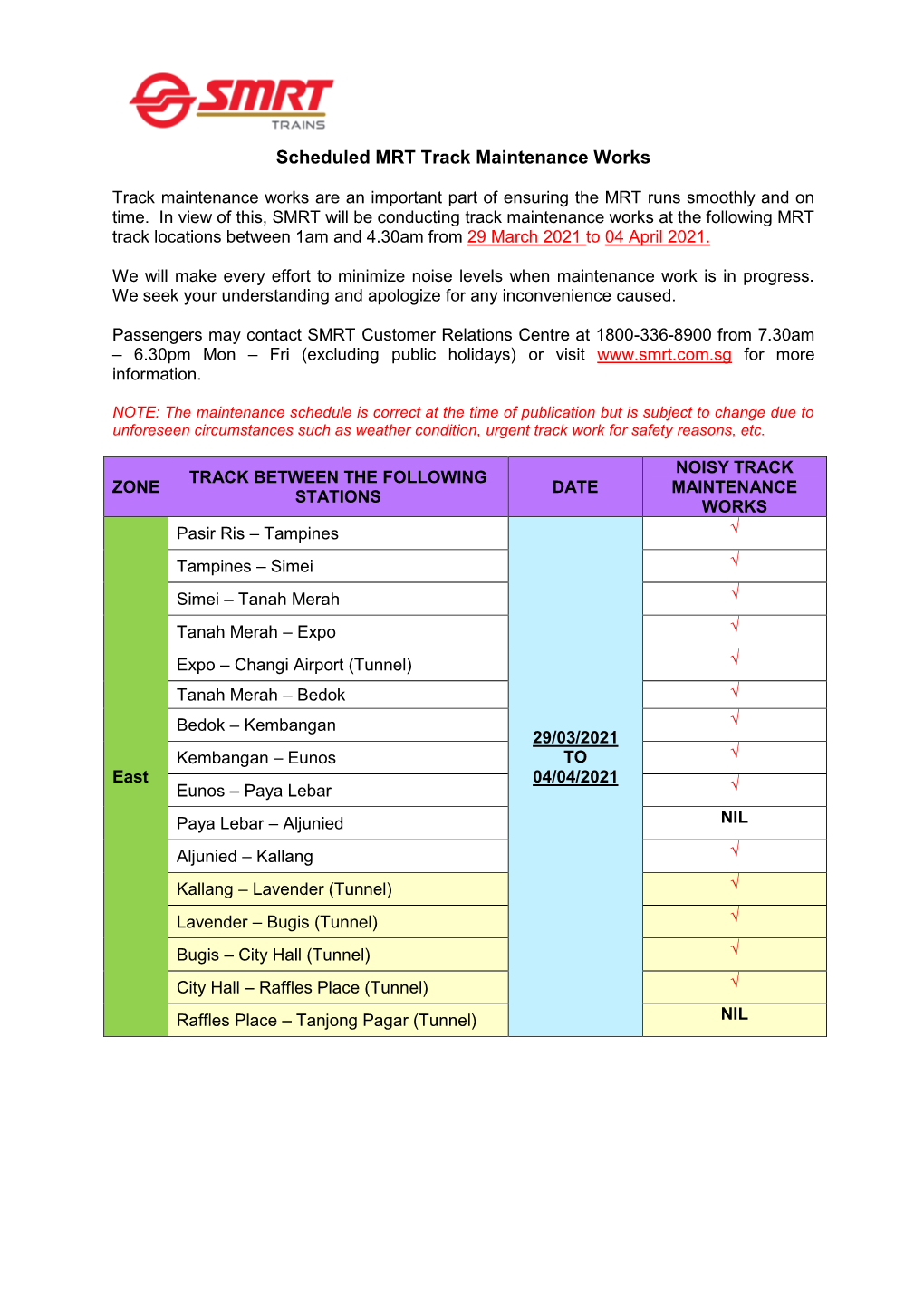 Schedule of Track Maintenance Works