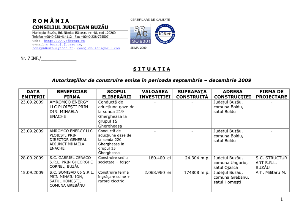 R O M Â N I a CERTIFICARE DE CALITATE CONSILIUL JUDEŢEAN BUZĂU Municipiul Buzău, Bd