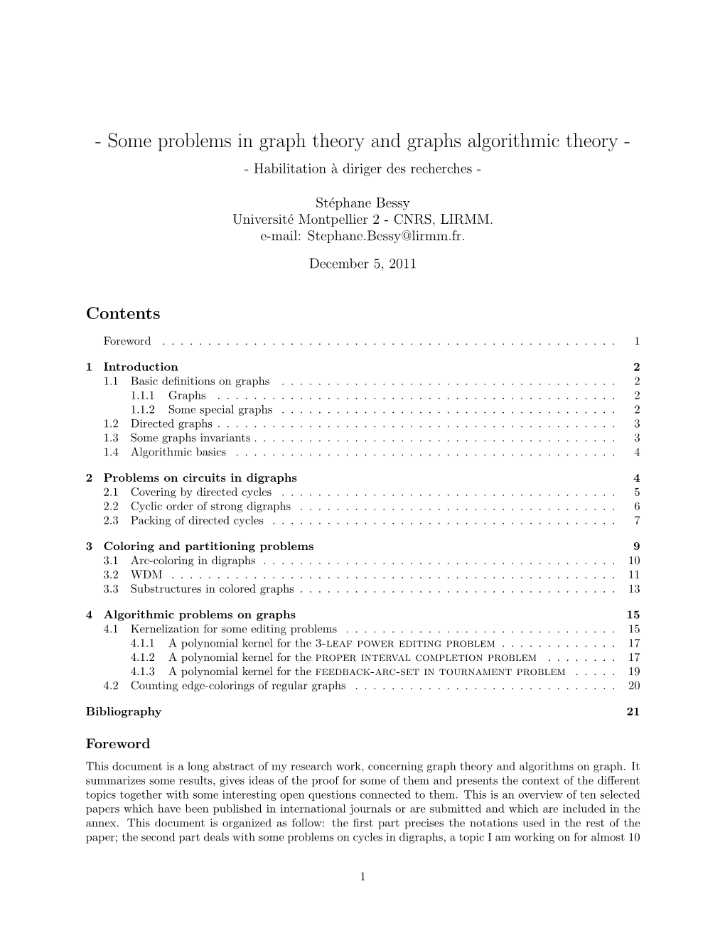 Some Problems in Graph Theory and Graphs Algorithmic Theory - - Habilitation `Adiriger Des Recherches