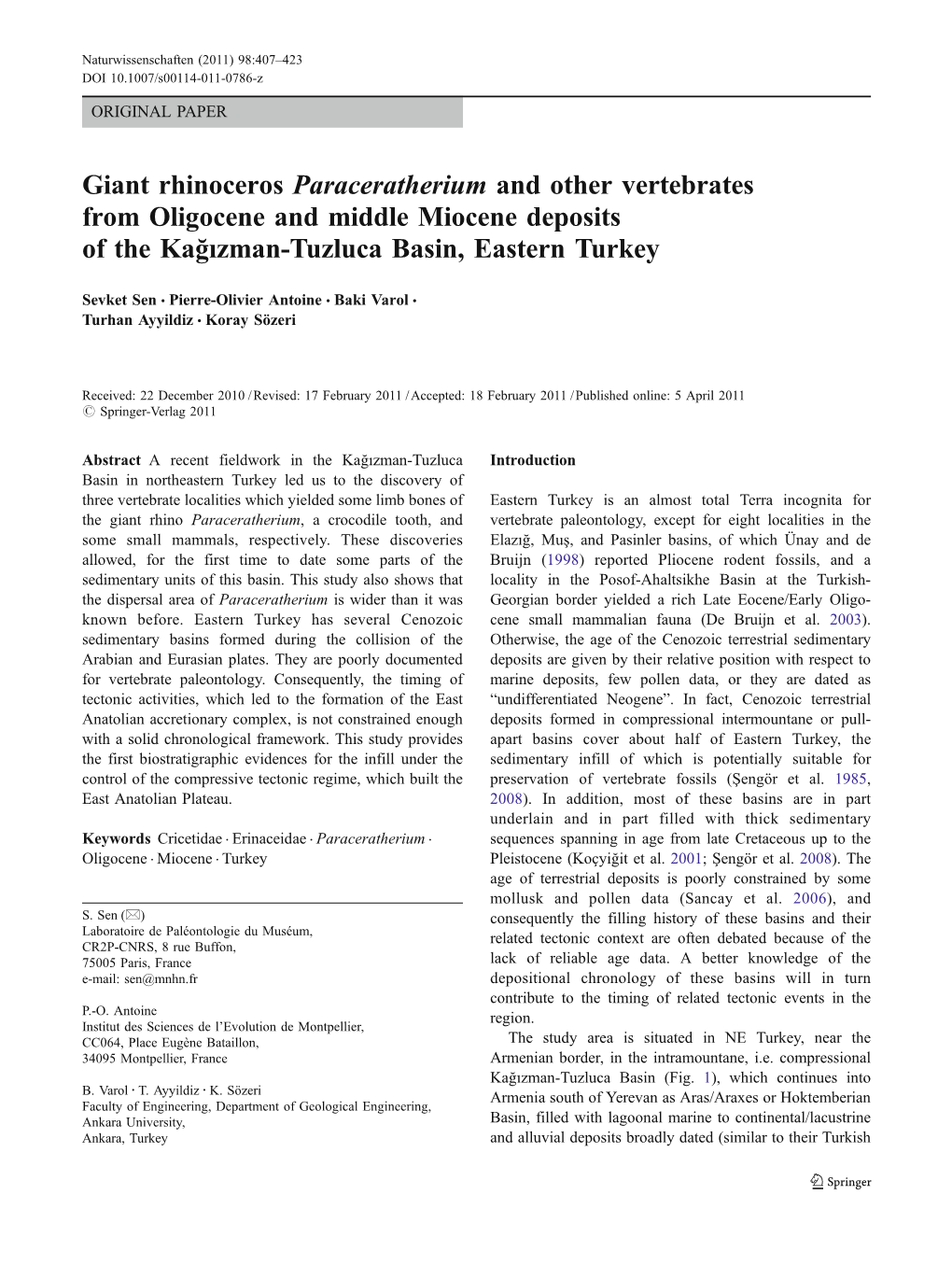 Giant Rhinoceros Paraceratherium and Other Vertebrates from Oligocene and Middle Miocene Deposits of the Kağızman-Tuzluca Basin, Eastern Turkey