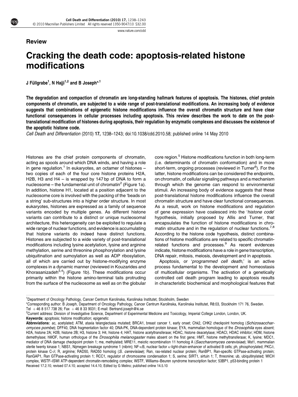 Apoptosis-Related Histone Modifications