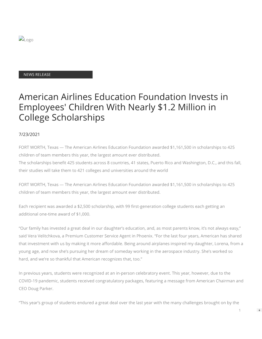 American Airlines Education Foundation Invests in Employees' Children with Nearly $1.2 Million in College Scholarships