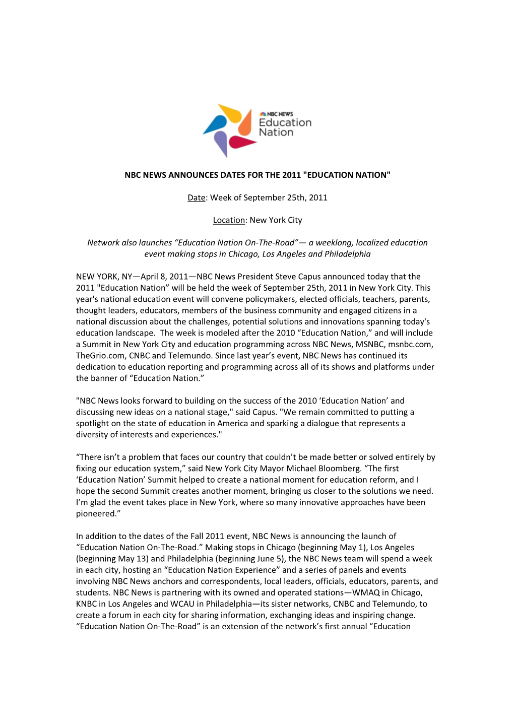 2011 Ednation Summit Press Release