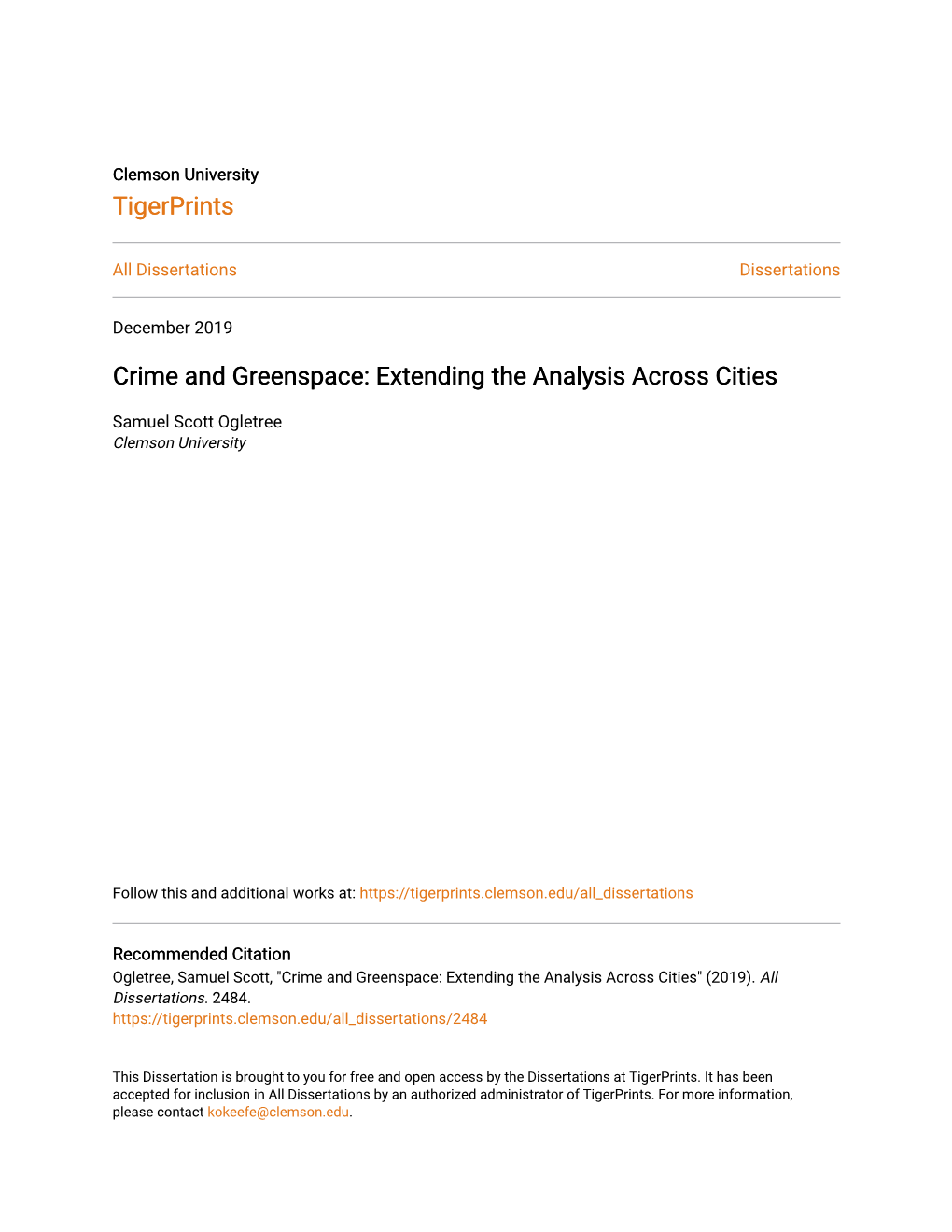 Crime and Greenspace: Extending the Analysis Across Cities