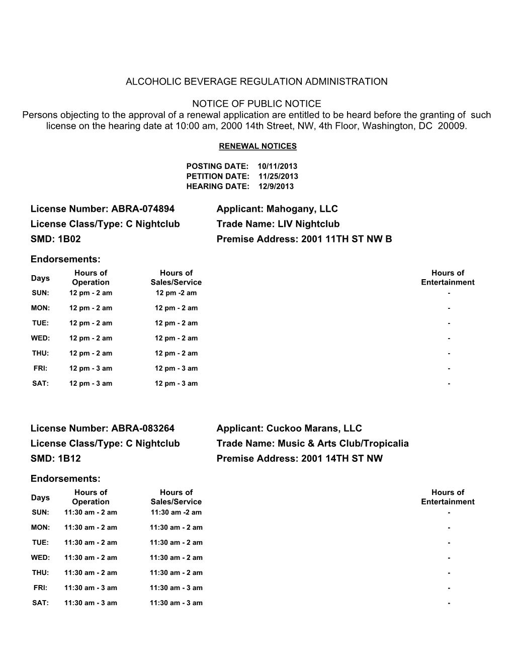 ALCOHOLIC BEVERAGE REGULATION ADMINISTRATION NOTICE of PUBLIC NOTICE Persons Objecting to the Approval of a Renewal Application