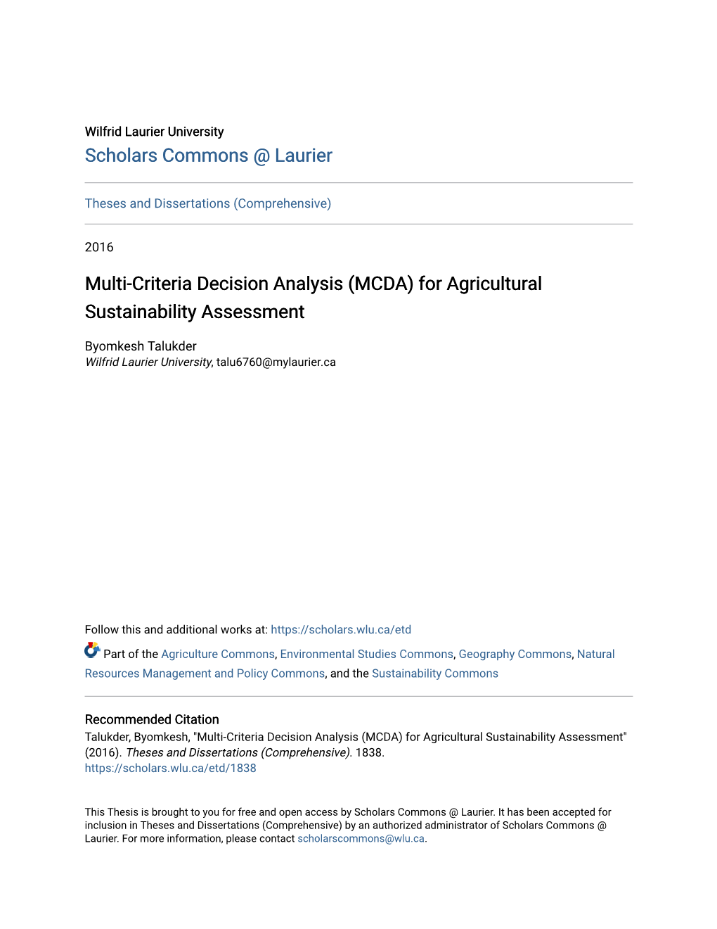 Multi-Criteria Decision Analysis (MCDA) for Agricultural Sustainability Assessment