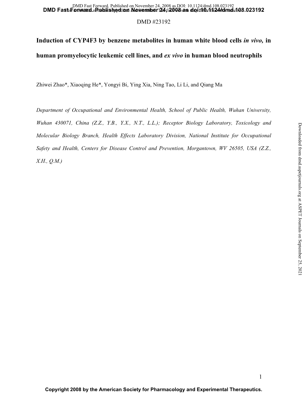 Induction of CYP4F3 by Benzene Metabolites in Human White Blood Cells in Vivo, in Human Promyelocytic Leukemic Cell Lines, and Ex Vivo in Human Blood Neutrophils