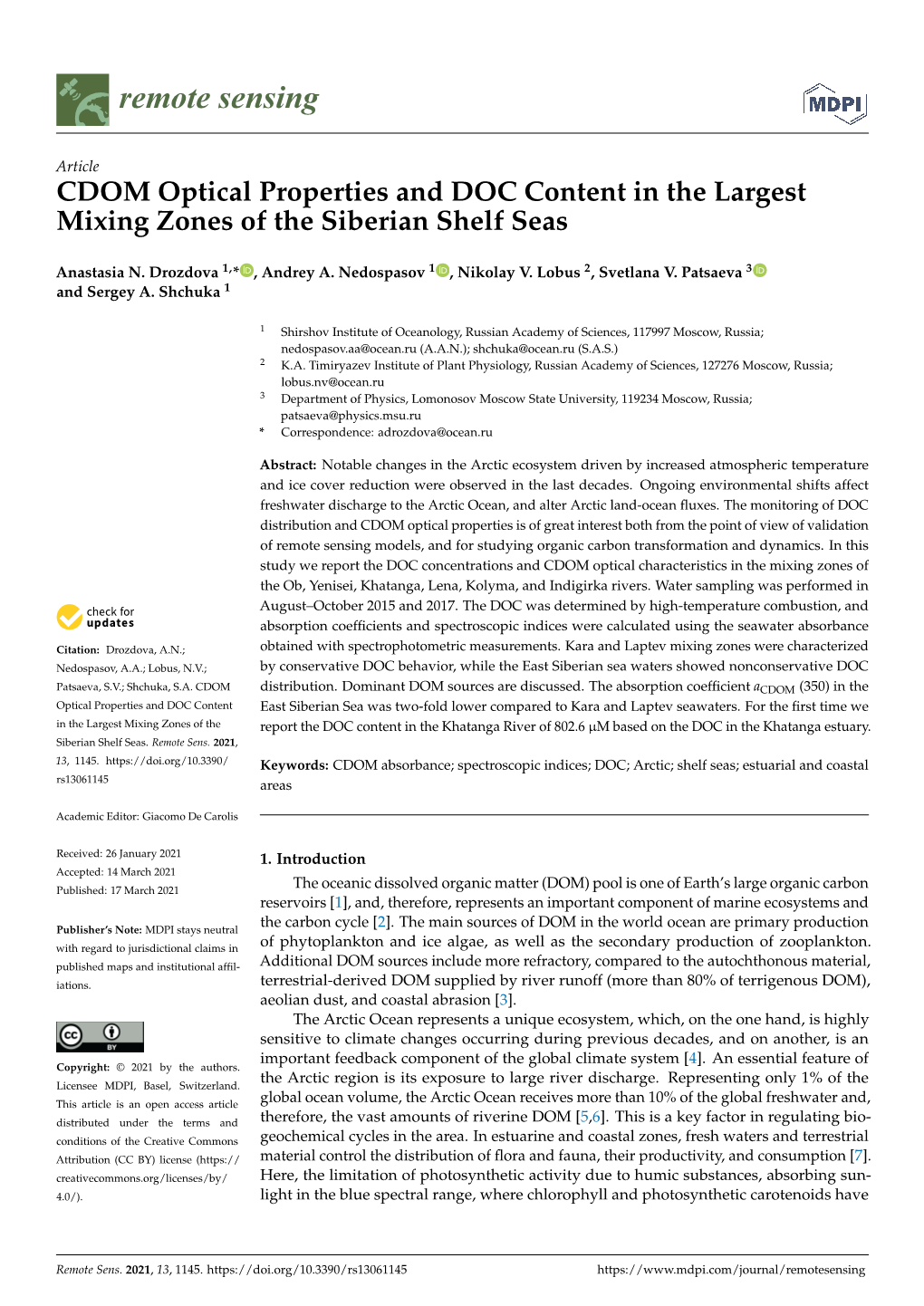 CDOM Optical Properties and DOC Content in the Largest Mixing Zones of the Siberian Shelf Seas