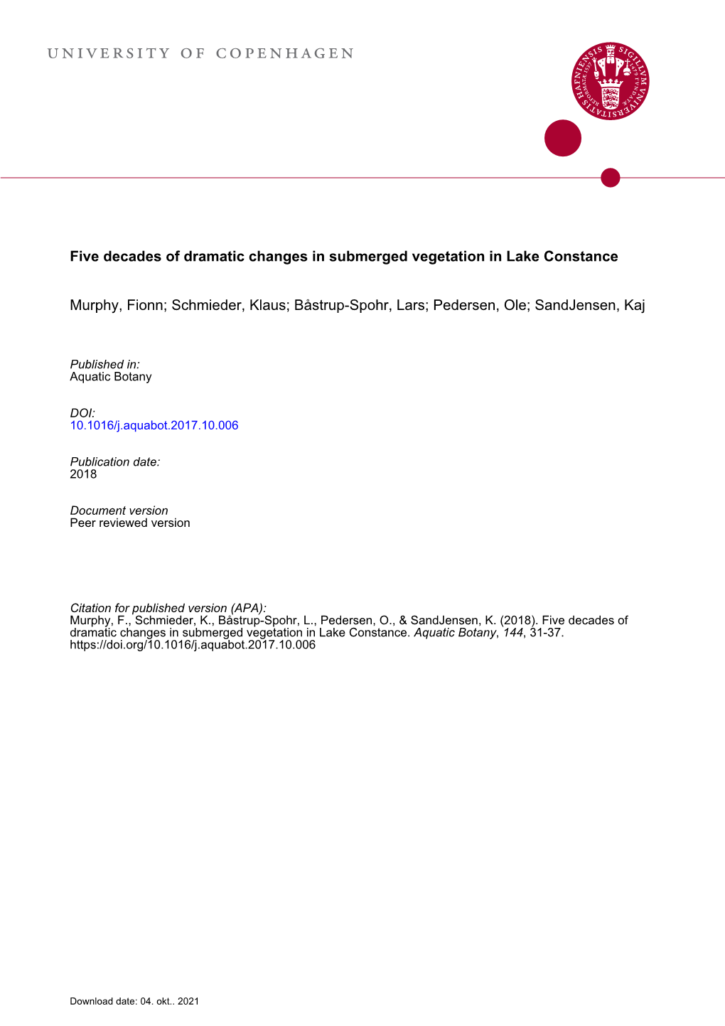 Five Decades of Dramatic Changes in Submerged Vegetation in Lake Constance