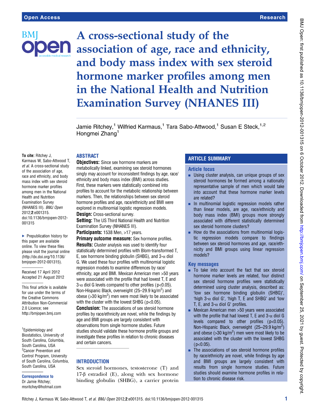 A Cross-Sectional Study of the Association of Age, Race And