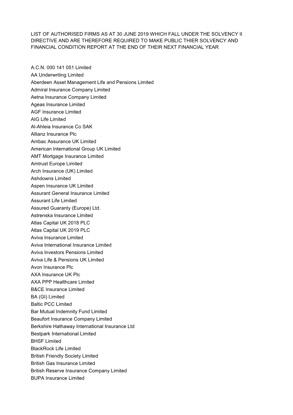 List of Companies That Fall Under the Solvency II Directive As at 30 June