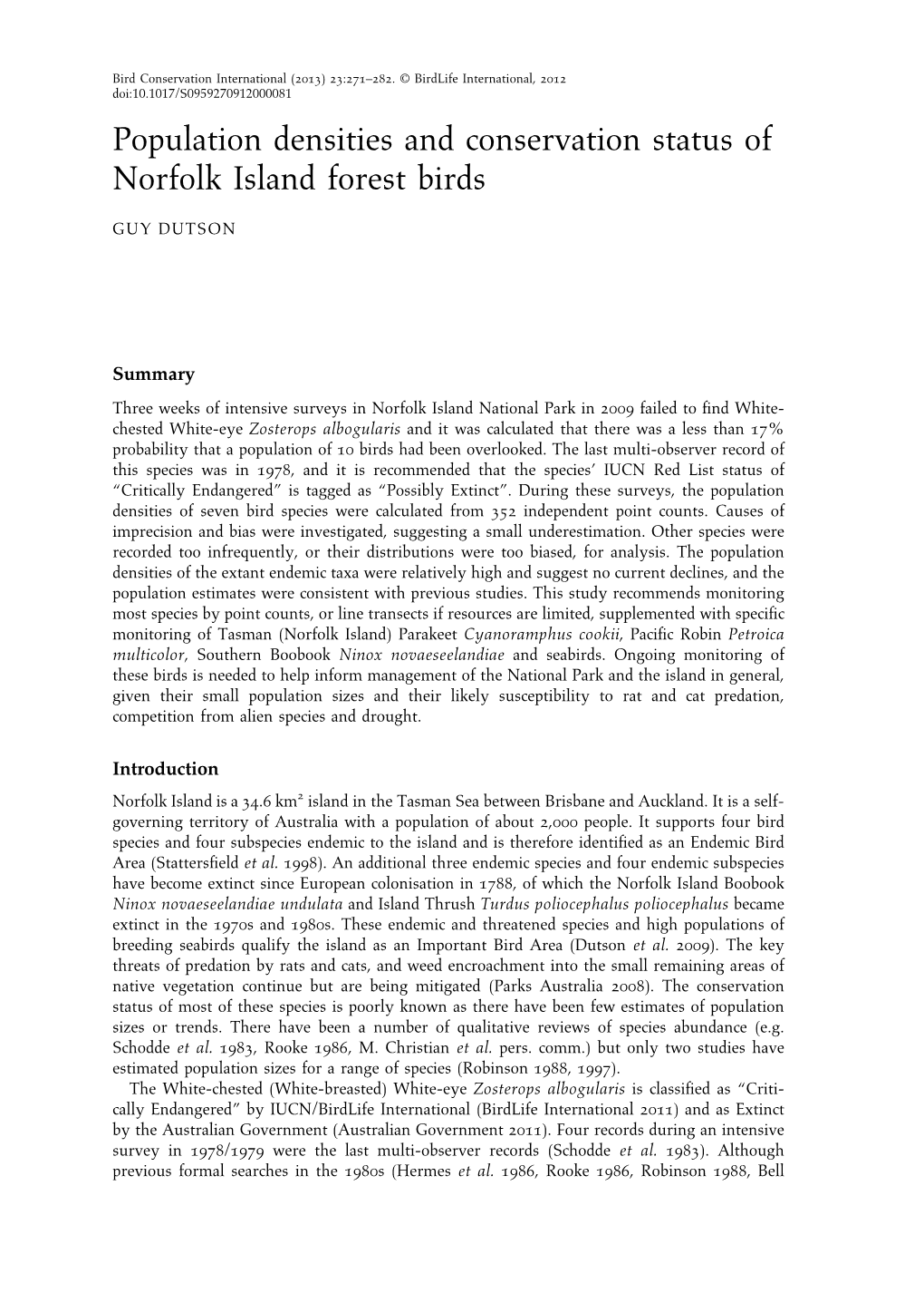 Population Densities and Conservation Status of Norfolk Island Forest Birds