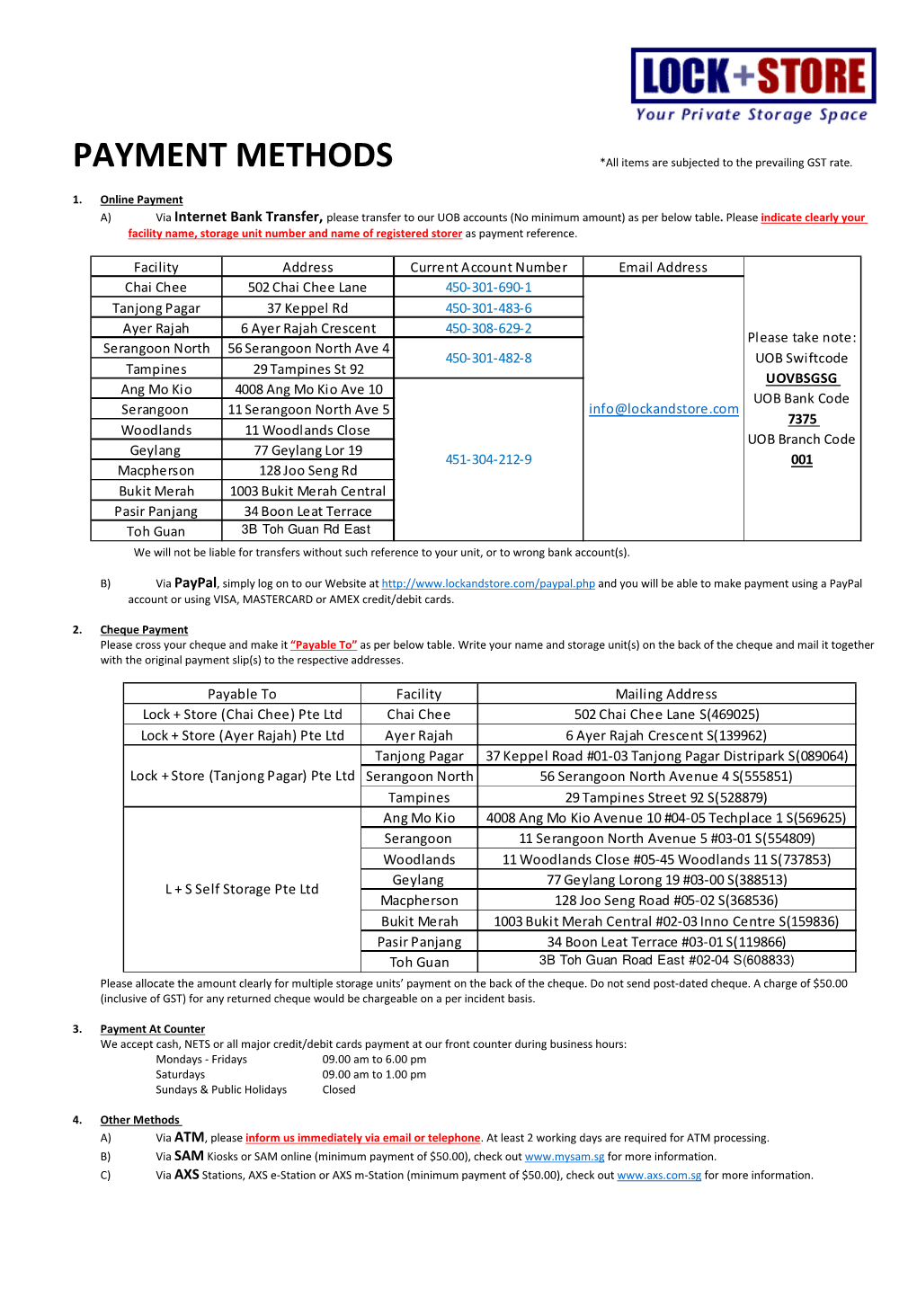 PAYMENT METHODS *All Items Are Subjected to the Prevailing GST Rate