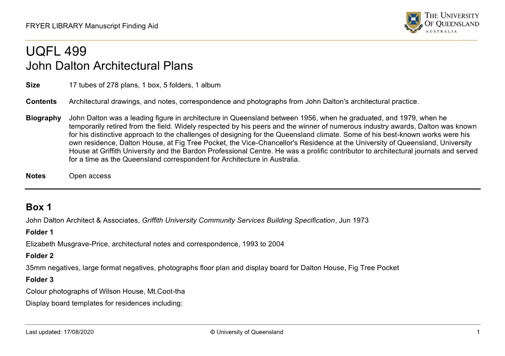UQFL 499 John Dalton Architectural Plans