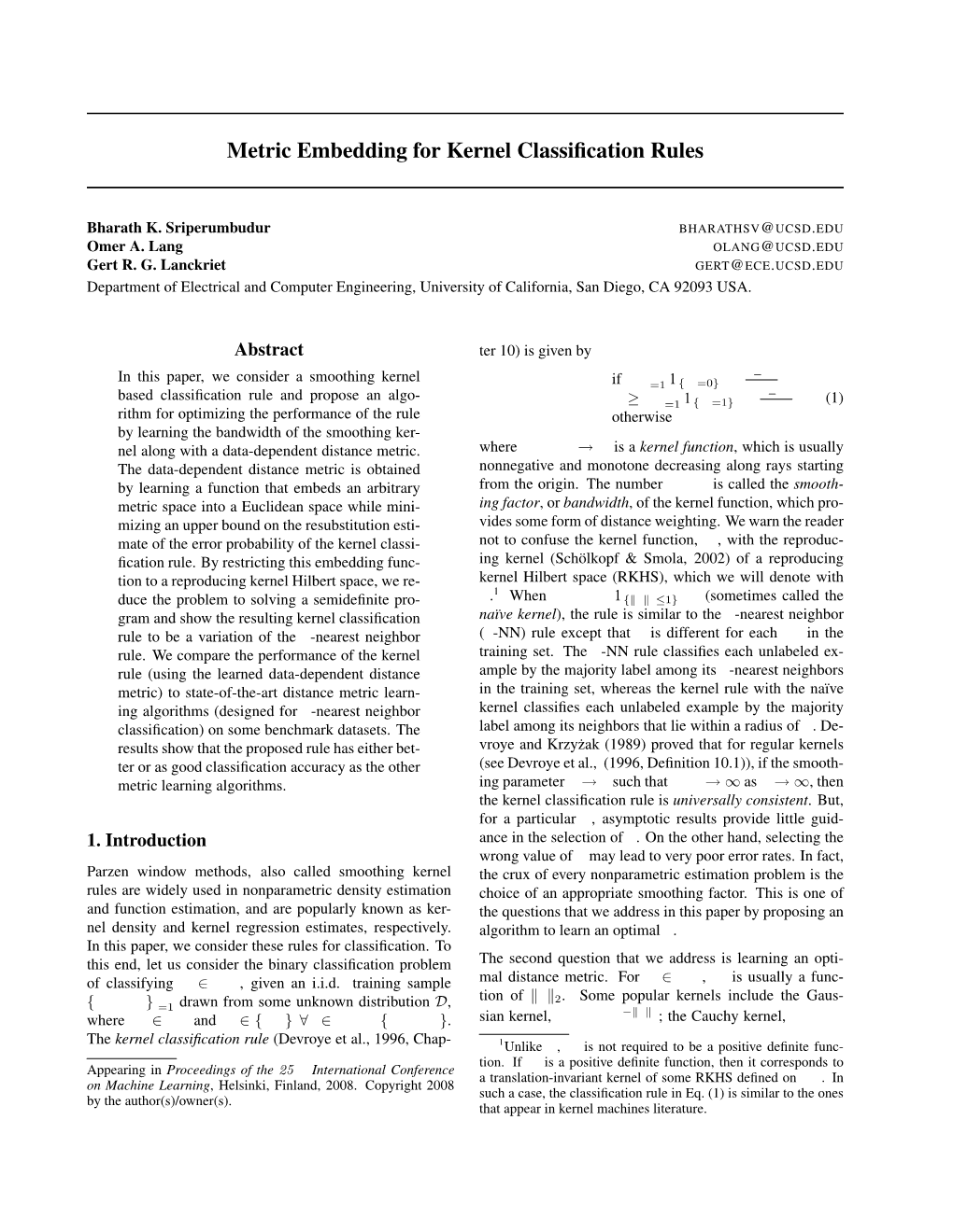 Metric Embedding for Kernel Classification Rules