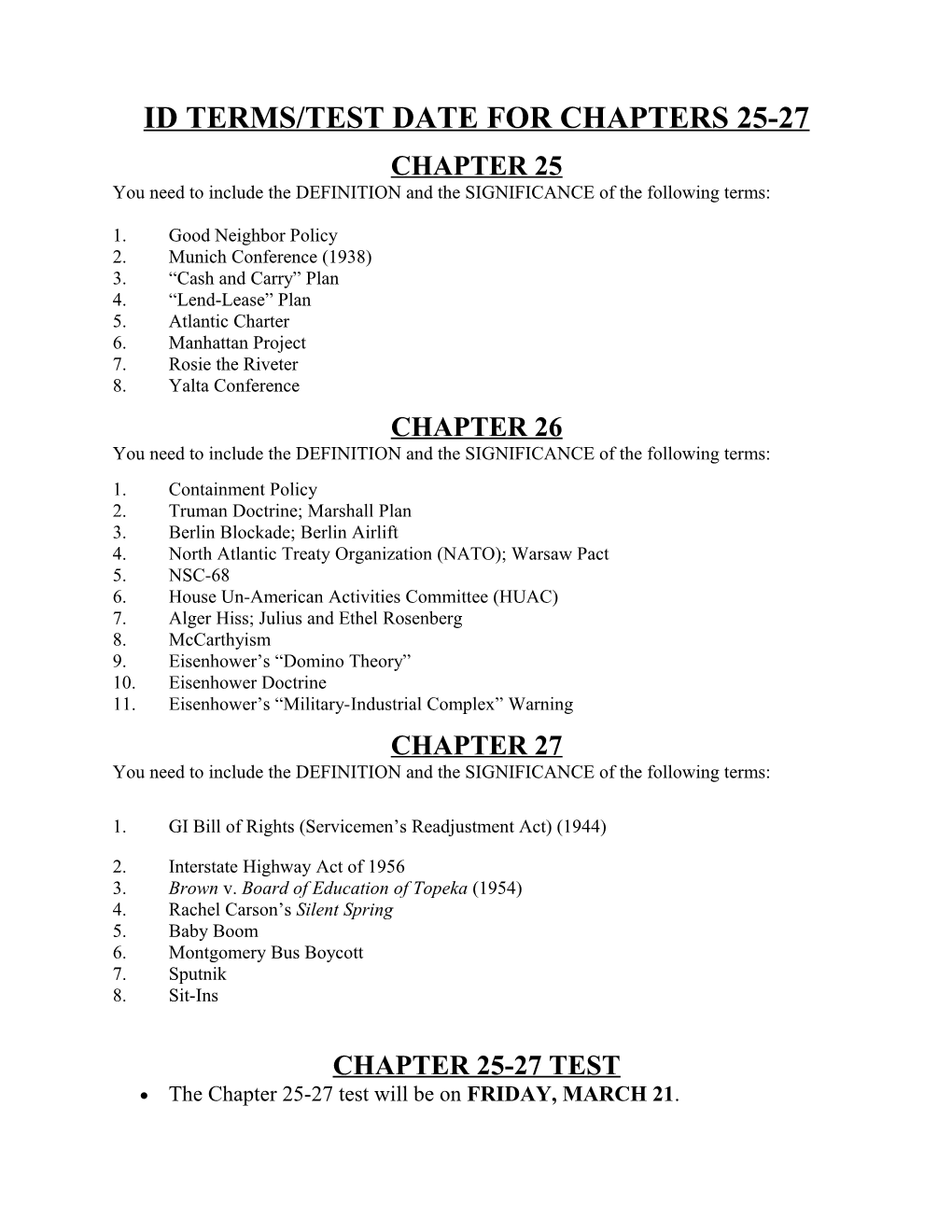 Id Terms/Test Date for Chapters 25-27