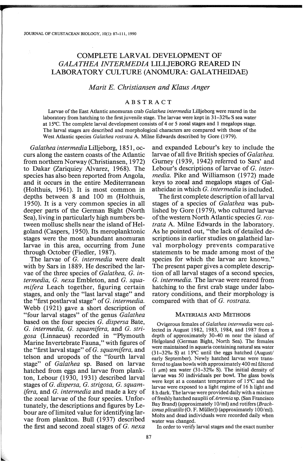 Complete Larval Development of Galathea Intermedia Lilljeborg Reared in Laboratory Culture (Anomura: Galatheidae)