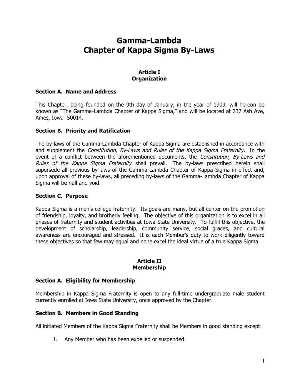 Chapter of Kappa Sigma By-Laws