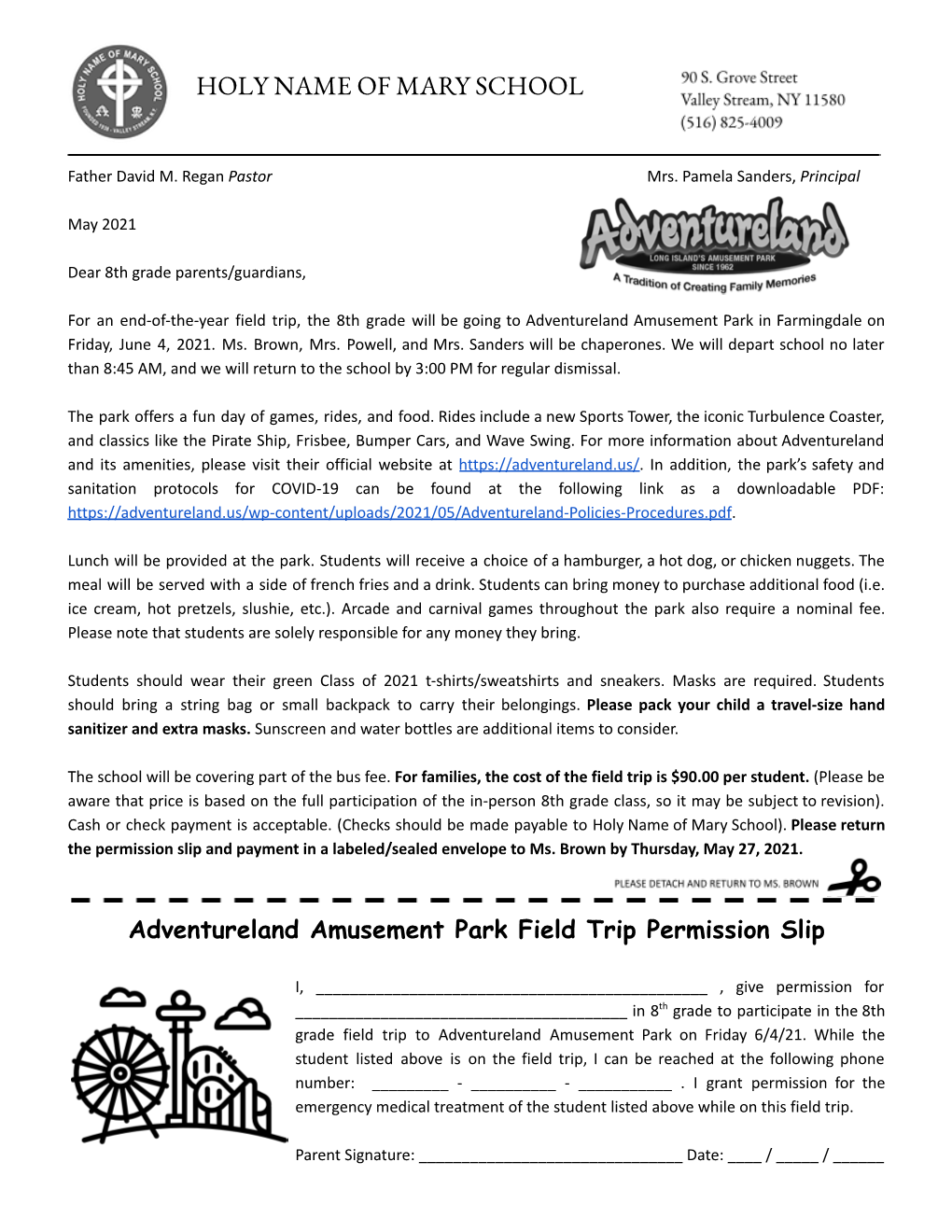 Adventureland Amusement Park Field Trip Permission Slip