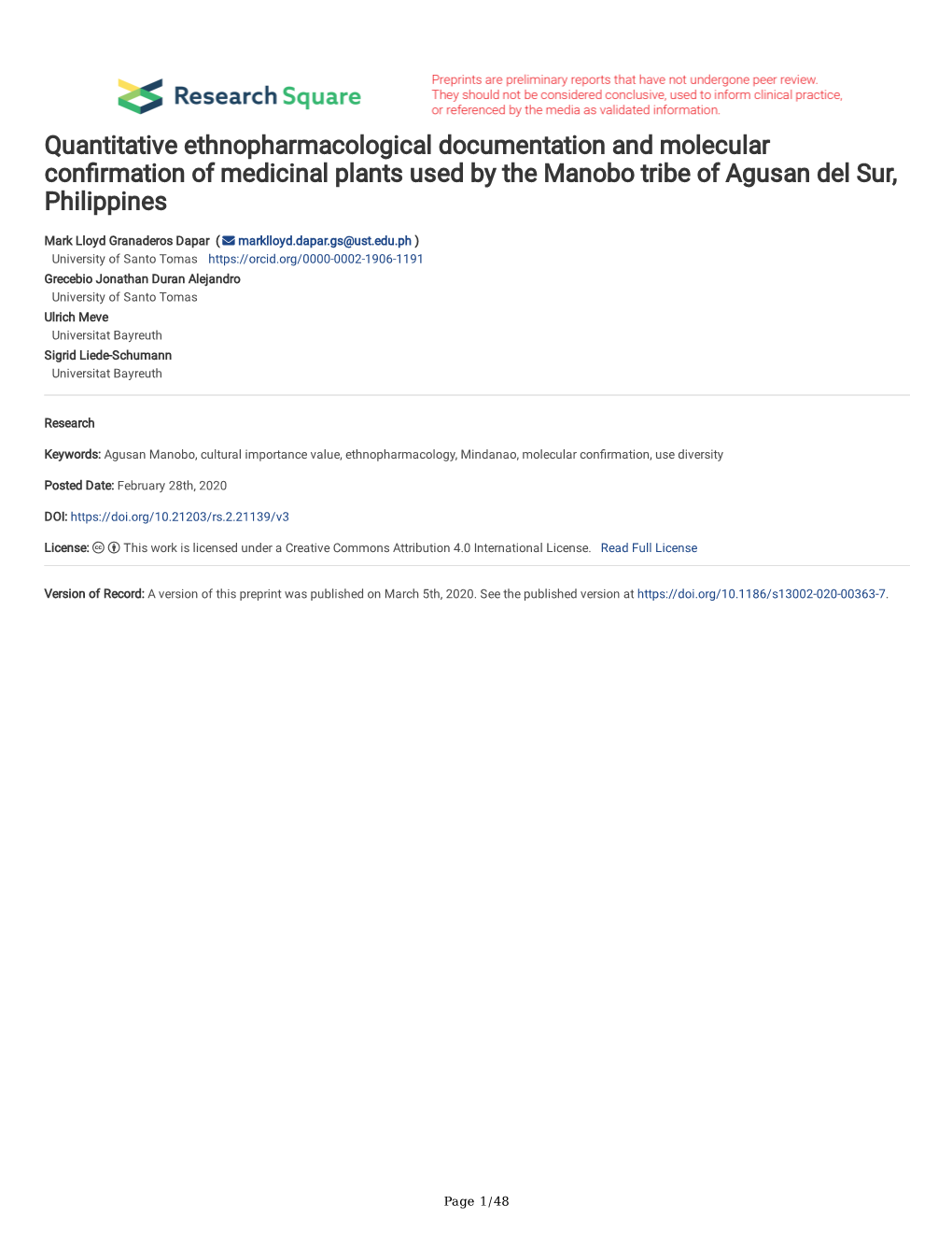 Quantitative Ethnopharmacological Documentation and Molecular Confirmation of Medicinal Plants Used by the Manobo Tribe of Agusa