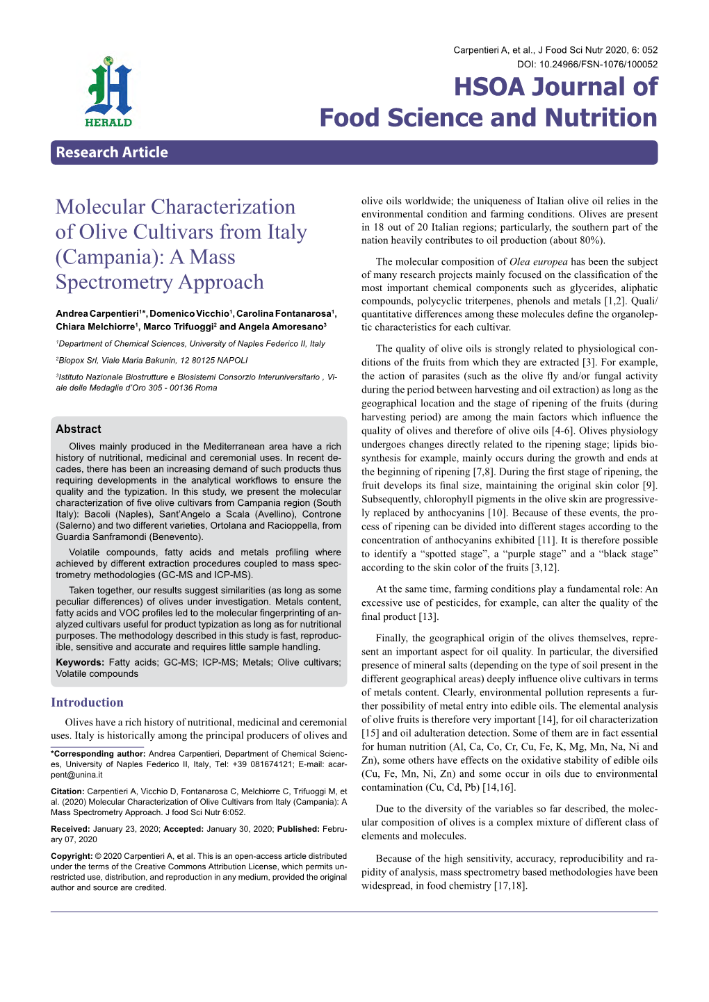 Molecular Characterization of Olive Cultivars from Italy (Campania): a Mass Spectrometry Approach