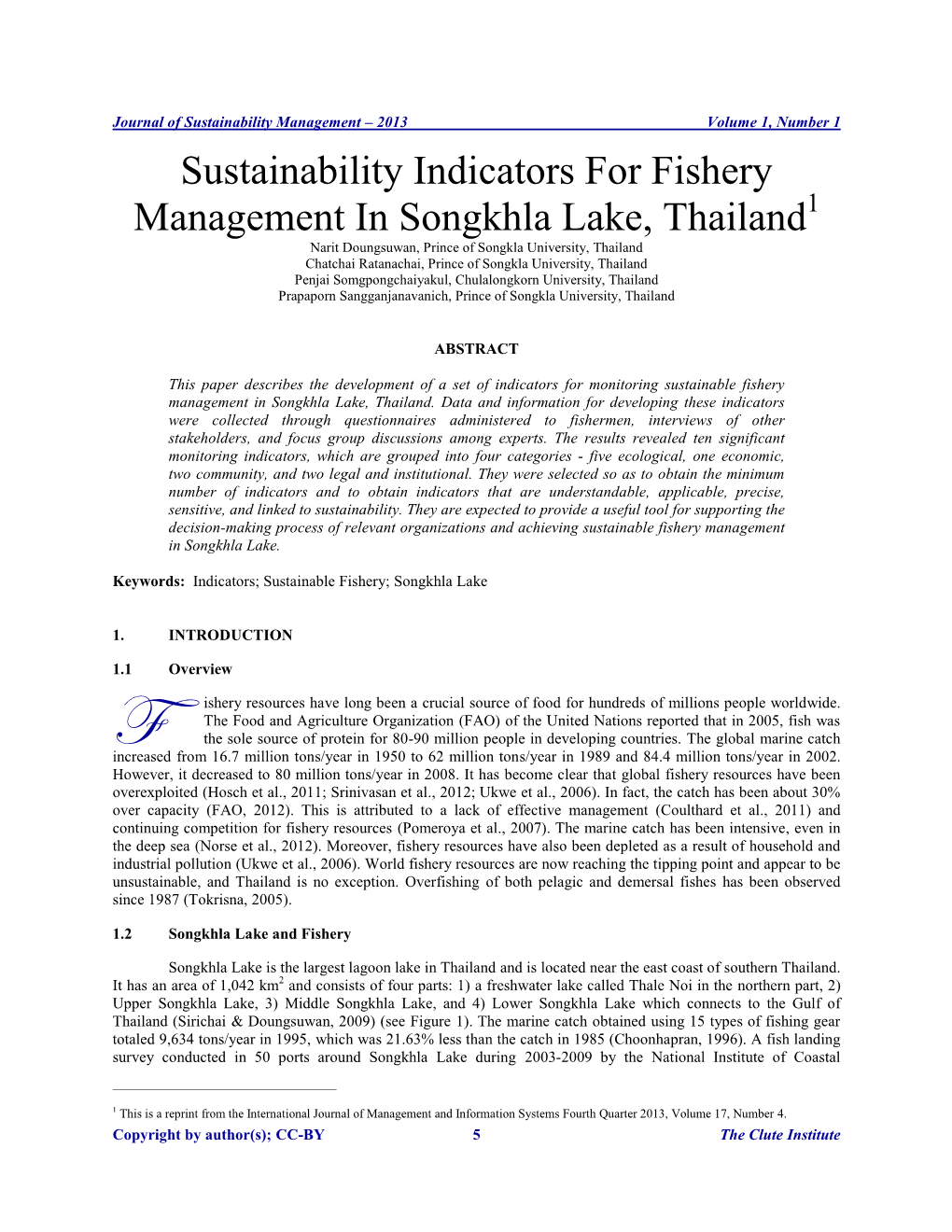 Sustainability Indicators for Fishery Management in Songkhla Lake