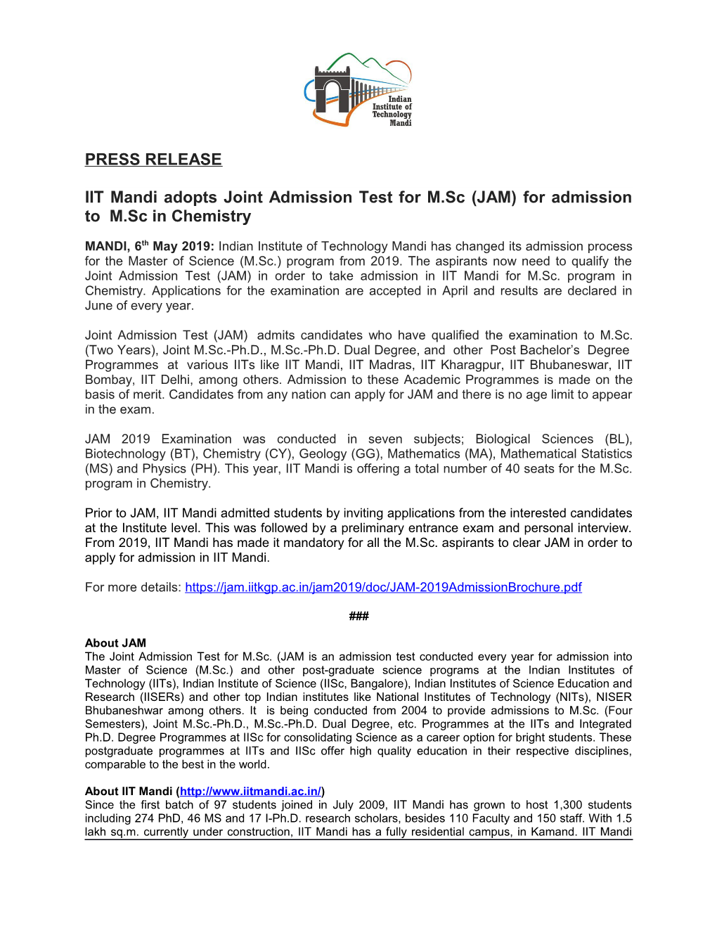 PRESS RELEASE IIT Mandi Adopts Joint Admission Test for M.Sc (JAM